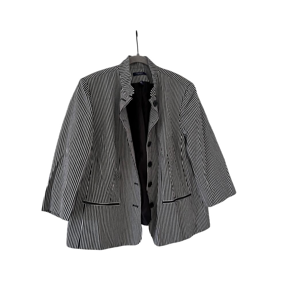 Chaps Womens 18W Black White Striped Cotton Blazer Jacket Plus Size Button - Picture 3 of 13